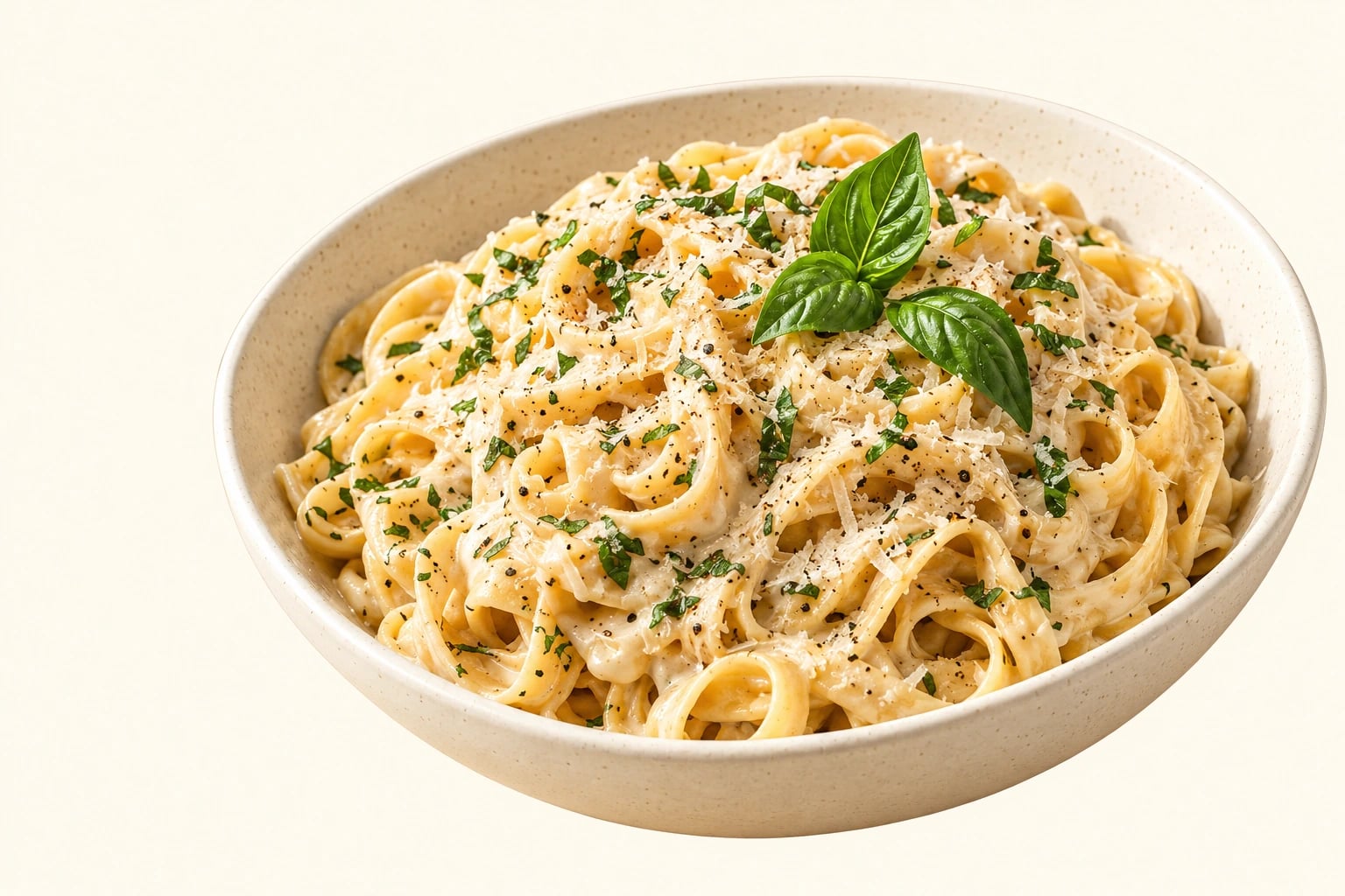 A wide bowl of fettuccine in a creamy sauce, finished with fresh basil and shaved parmesan